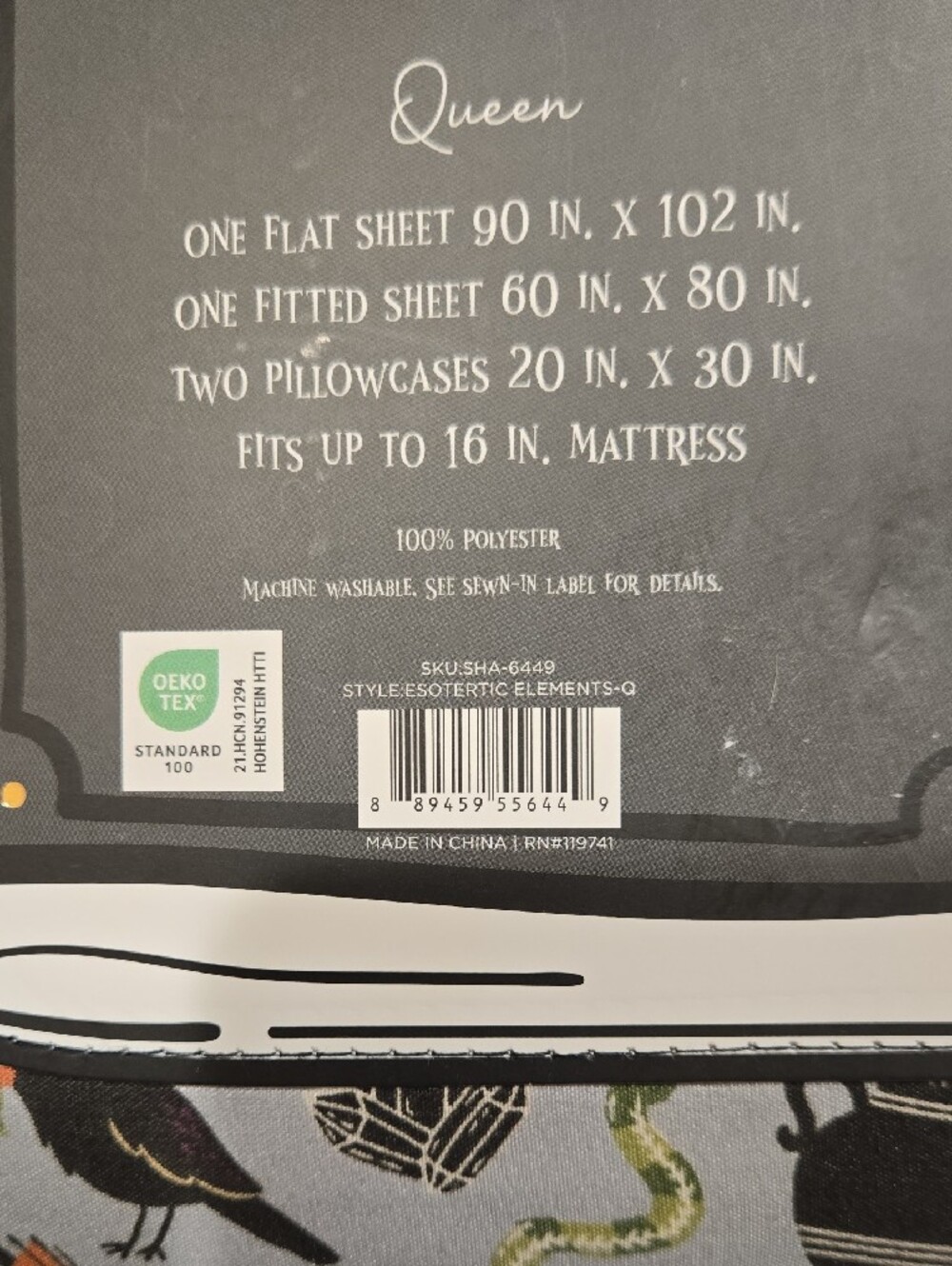 Esoteric Elements Halloween Queen Sheet Set Gray w Black, Green, Orange Accents - Picture 3 of 4